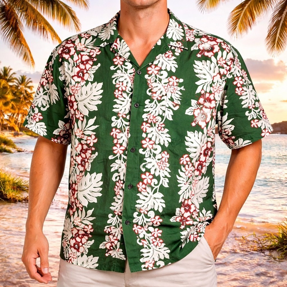 Royal Creations Hawaiian Aloha Shirt 2XL Vintage Floral Hibiscus Leaves Green